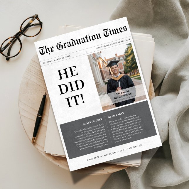 He Did It Unique Newspaper 2025 Graduation Photo Invitation (Creator Uploaded)