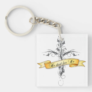 He Died for Us Floral Cross Key Ring