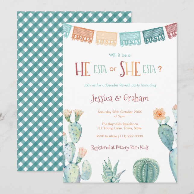 He-Esta She-ESTA Gender Reveal Baby Shower Fiesta Invitation (Front/Back)