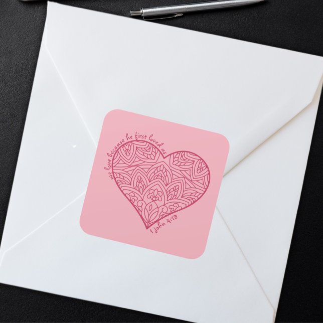 He First Loved Us 1 John 4:19 Red Heart Christian Square Sticker (Creator Uploaded)