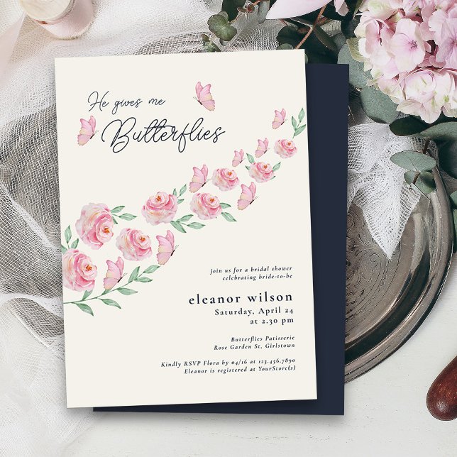 He Gives Me Butterfies Pink Floral Bridal Shower Invitation ("He Gives Me Butterflies" Pretty Bridal Shower Invitation)