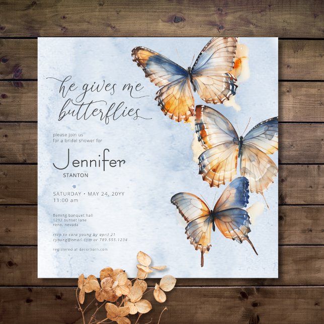 He Gives Me Butterflies Blue Bridal Shower Invitation (Creator Uploaded)