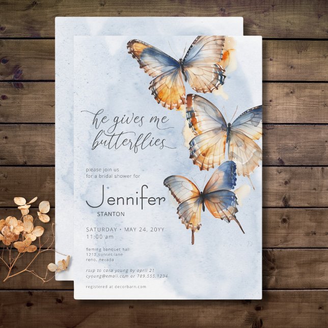He Gives Me Butterflies Blue Bridal Shower Invitation (Creator Uploaded)