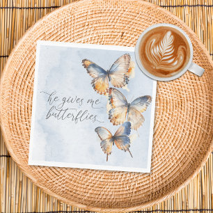 He Gives Me Butterflies Blue Modern Bridal Shower Napkin