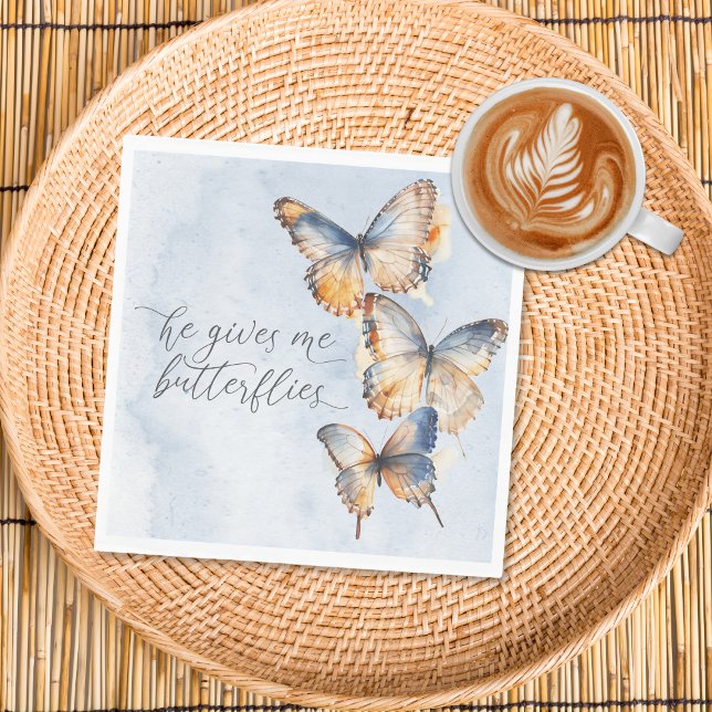 He Gives Me Butterflies Blue Modern Bridal Shower Napkin (Creator Uploaded)