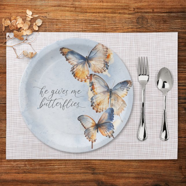 He Gives Me Butterflies Blue Modern Bridal Shower Paper Plate (Creator Uploaded)