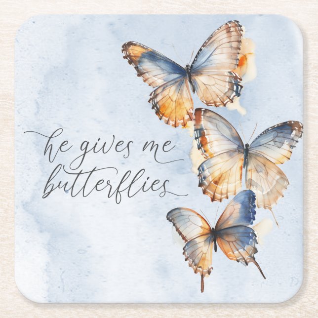 He Gives Me Butterflies Blue Modern Bridal Shower Square Paper Coaster (Front)