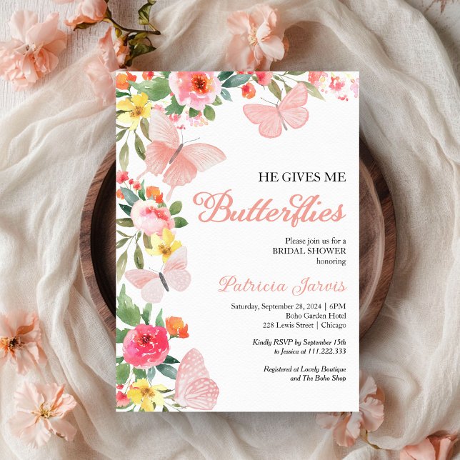 He Gives Me Butterflies Bridal Shower Floral Invitation (Creator Uploaded)