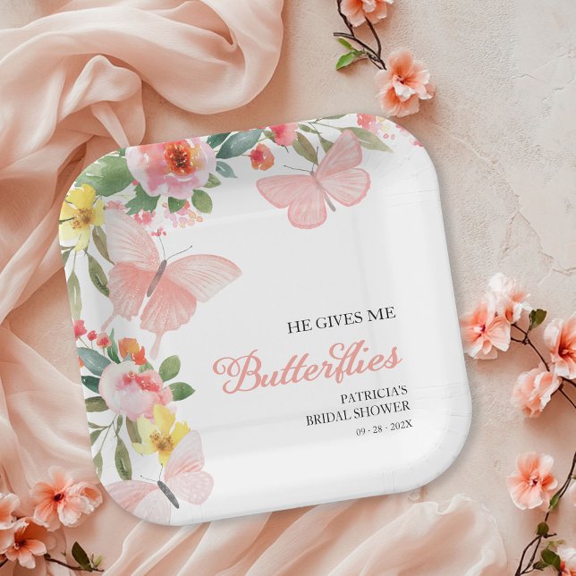 He Gives Me Butterflies Bridal Shower Floral Paper Plate (Creator Uploaded)