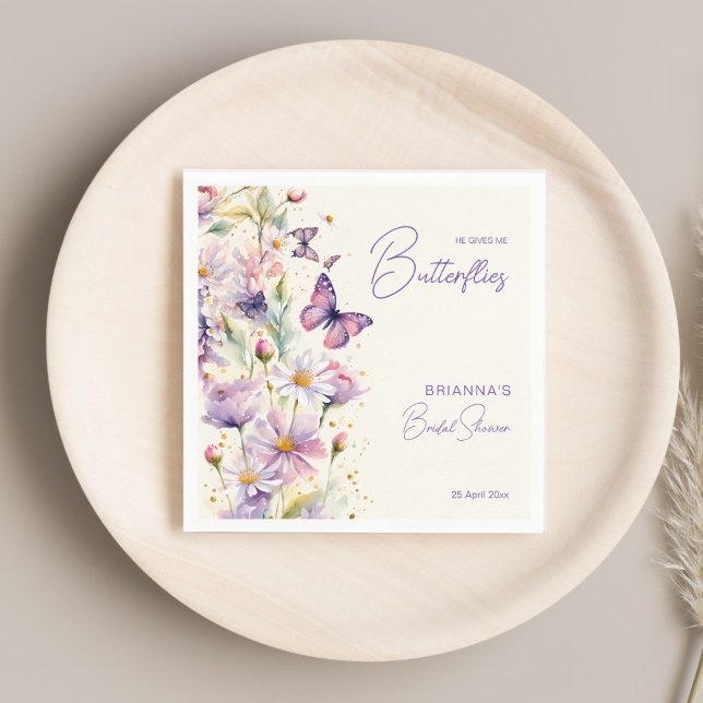 He gives me butterflies bridal shower printed napkin (He gives me butterflies pastel lavender enchanted garden bridal shower printed template napkins )