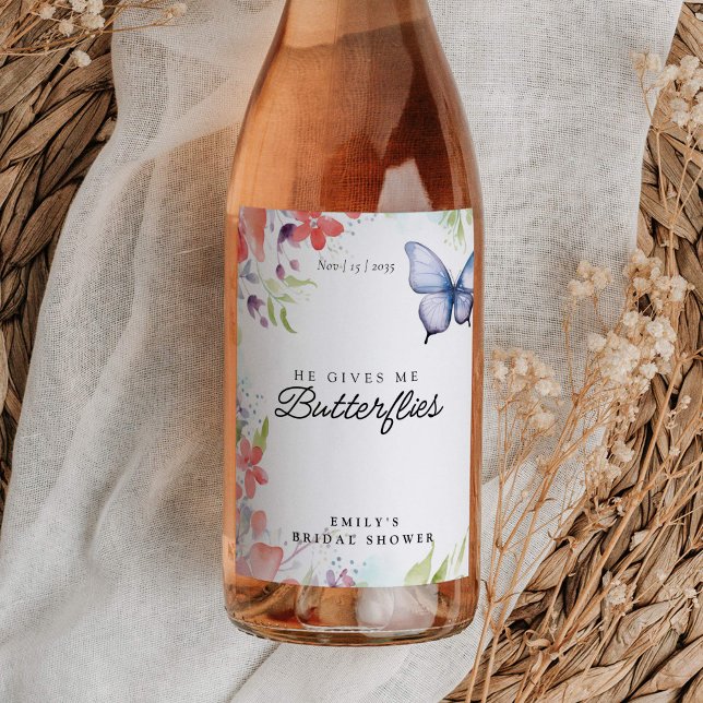He Gives Me Butterflies Bridal Shower Wine Label (Creator Uploaded)