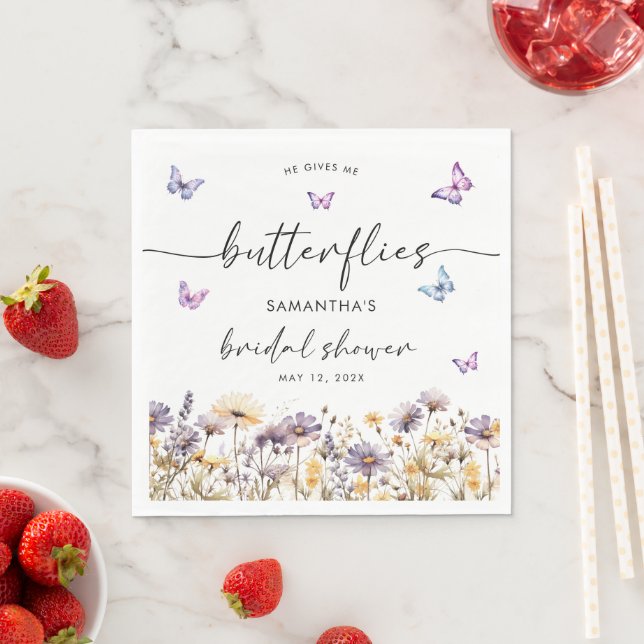 He Gives Me Butterflies Floral Bridal Shower Napkin (Insitu)