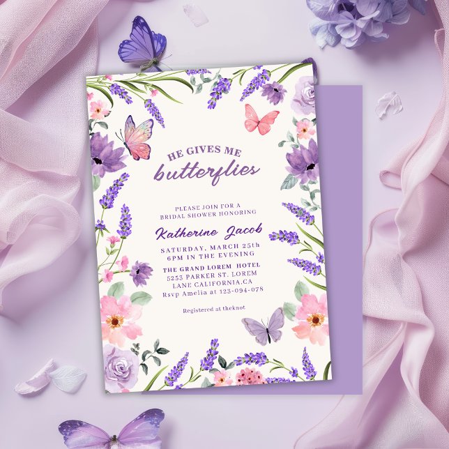 He gives me butterflies Lavender bridal shower Invitation (Creator Uploaded)