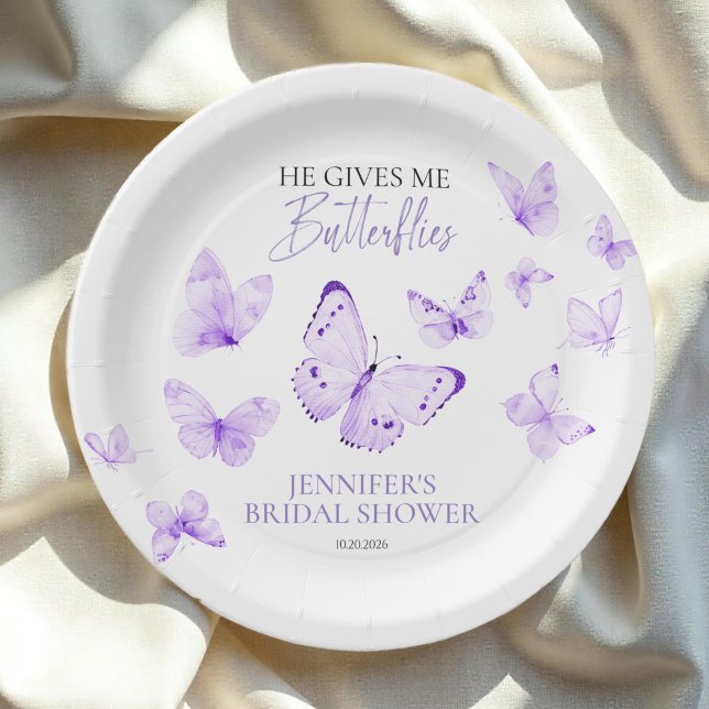 He Gives Me Butterflies Lavender Bridal Shower Paper Plate (Creator Uploaded)