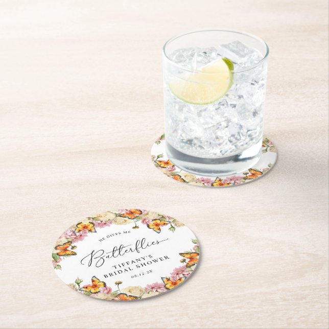He Gives Me Butterflies Peonies Bridal Shower Round Paper Coaster (Insitu)