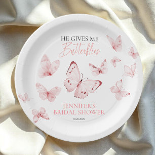 He Gives Me Butterflies Pink Blush Bridal Shower Paper Plate