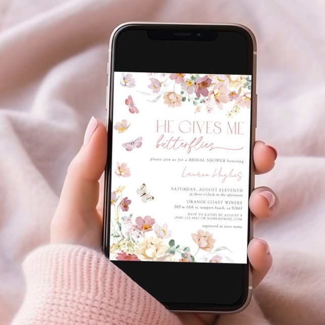 He Gives Me Butterflies Pink Floral Bridal Shower Invitation (Creator Uploaded)