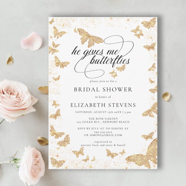 He Gives Me Butterflies Romantic Bridal Shower Invitation (he gives her butterflies bridal shower theme invite gold romantic calligraphy elegant boho chic)