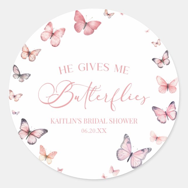 He Gives Me Butterflies Soft Pink Bridal Shower  Classic Round Sticker (Front)