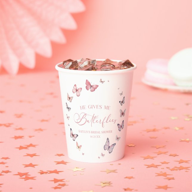 He Gives Me Butterflies Soft Pink Bridal Shower  Paper Cups (Insitu)