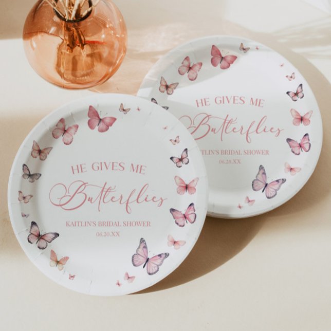 He Gives Me Butterflies Soft Pink Bridal Shower  Paper Plate (Creator Uploaded)