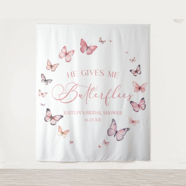 He Gives Me Butterflies Soft Pink Bridal Shower  Tapestry (Front)