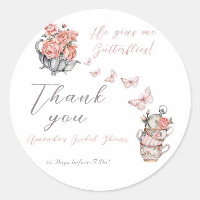He Gives Me Butterflies Tea Floral Shower Favour Classic Round Sticker (Front)