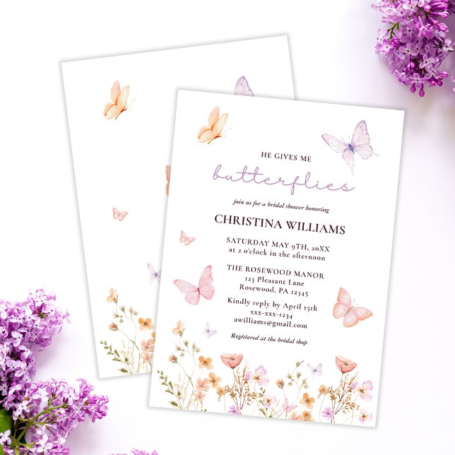He Gives me Butterflies Watercolor Bridal Shower Invitation (Creator Uploaded)