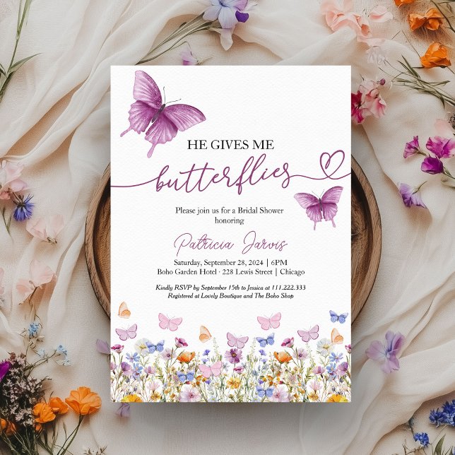 He Gives Me Butterflies Wildflower Bridal Shower Invitation (Creator Uploaded)