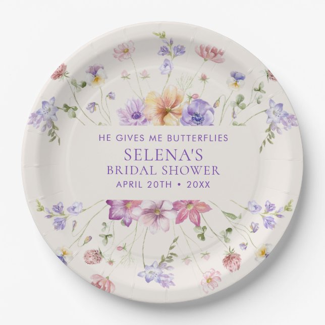He Gives Me Purple Butterflies Bridal Shower Paper Plate (Front)