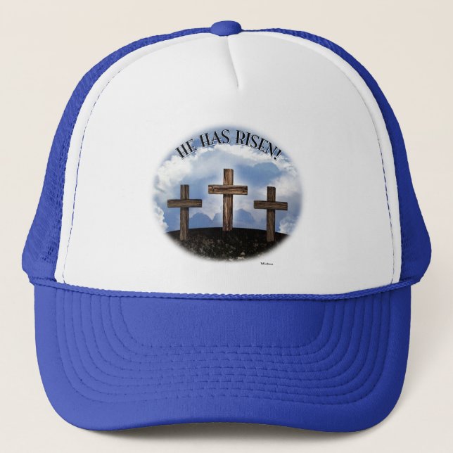 He Has Risen 3 Rugged Crosses Trucker Hat (Front)