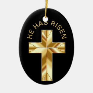 He Has Risen Black Religious Golden Cross Easter Ceramic Tree Decoration