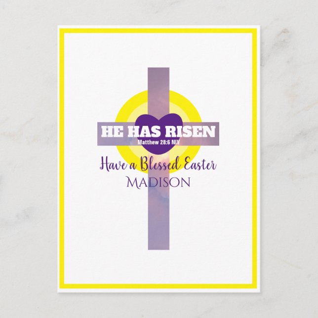 He Has Risen Cross Bible Verse Easter Custom Name Postcard (Front)