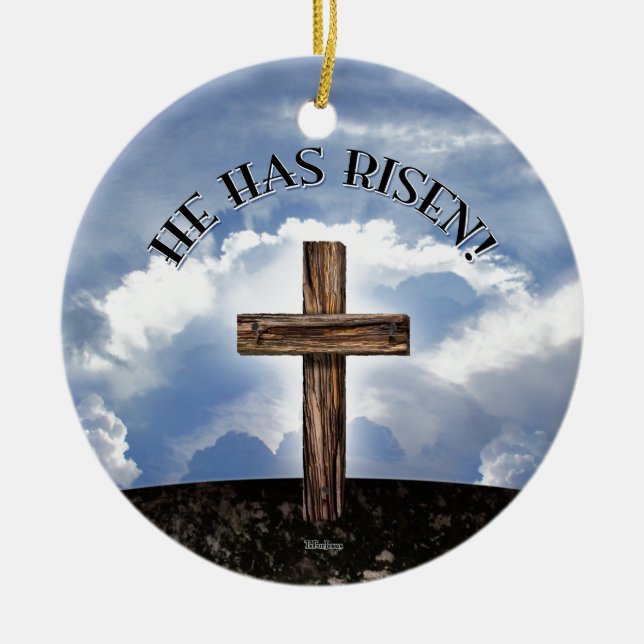He Has Risen Rugged Cross Sky Ceramic Tree Decoration (Front)