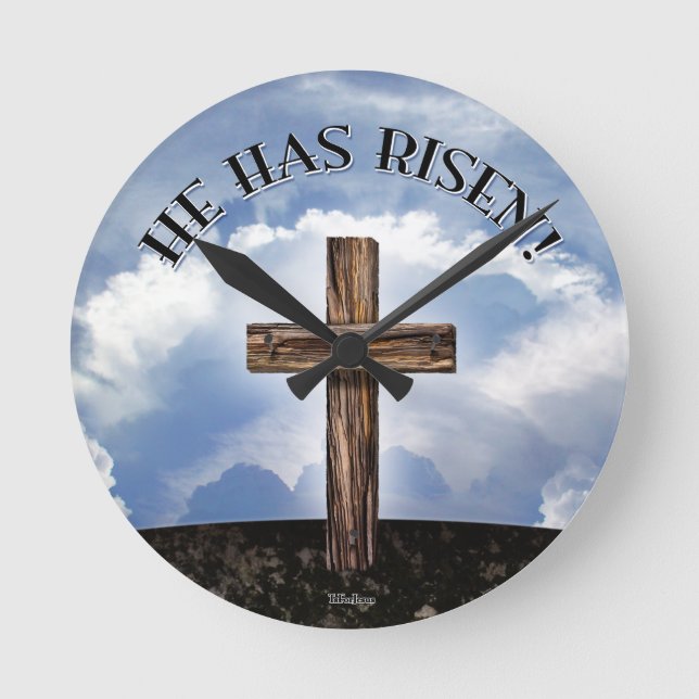 He Has Risen Rugged Cross Sky Round Clock (Front)