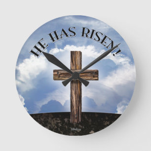 He Has Risen Rugged Cross Sky Round Clock