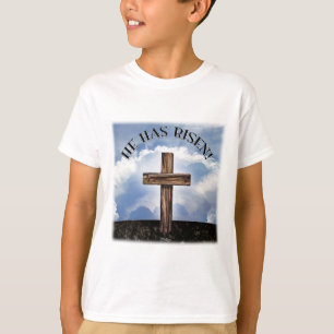 He Has Risen Rugged Cross Sky T-Shirt