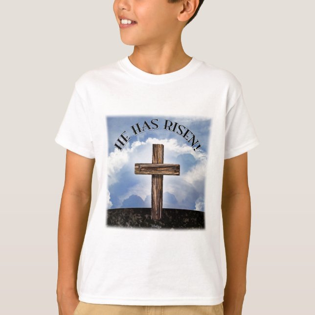 He Has Risen Rugged Cross Sky T-Shirt (Front)