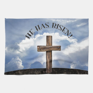 He Has Risen Rugged Cross Sky Tea Towel