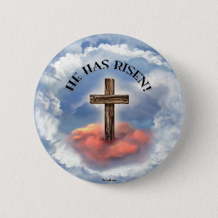He Has Risen Rugged Cross With Clouds 6 Cm Round Badge