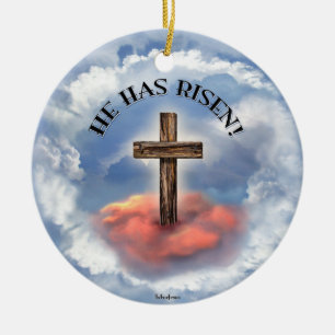 He Has Risen Rugged Cross With Clouds Ceramic Tree Decoration