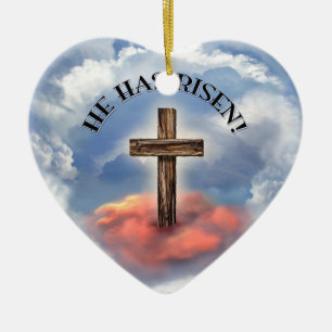 He Has Risen Rugged Cross With Clouds Ceramic Tree Decoration