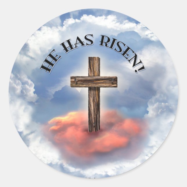 He Has Risen Rugged Cross With Clouds Classic Round Sticker (Front)