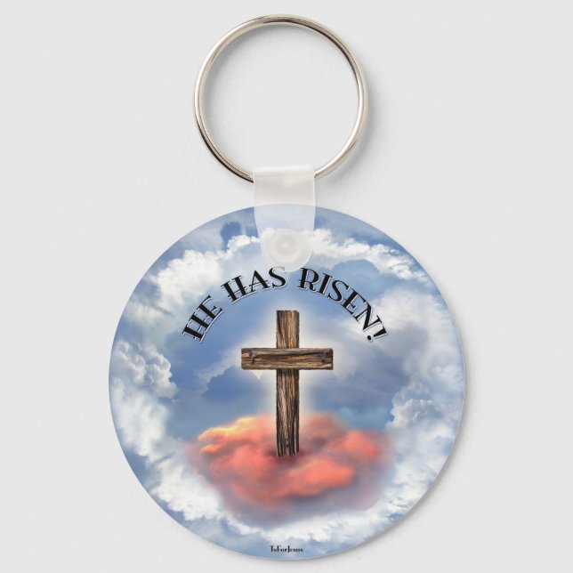 He Has Risen Rugged Cross With Clouds Key Ring (Front)