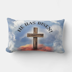 He Has Risen Rugged Cross With Clouds Lumbar Cushion
