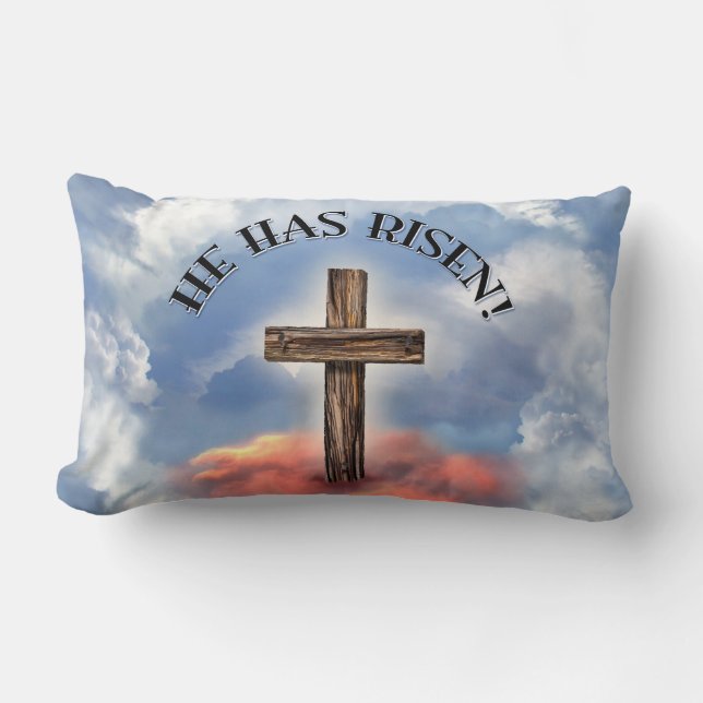 He Has Risen Rugged Cross With Clouds Lumbar Cushion (Front)