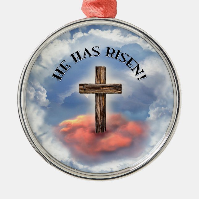 He Has Risen Rugged Cross With Clouds Metal Tree Decoration (Front)