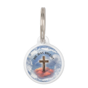 He Has Risen Rugged Cross With Clouds Pet Tag