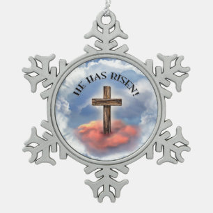He Has Risen Rugged Cross With Clouds Snowflake Pewter Christmas Ornament