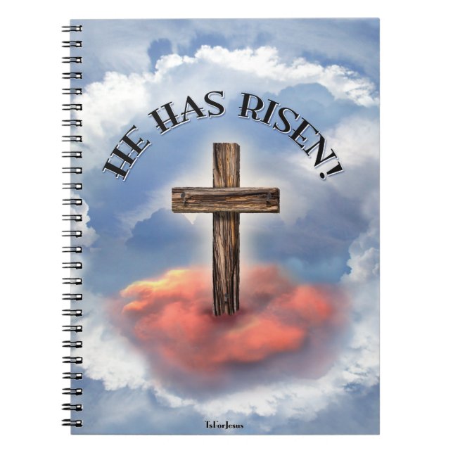 He Has Risen Rugged Cross With Clouds Spiral Notebook (Front)